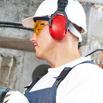 Vêtement de travail bâtiment : casque de chantier anti-bruit, lunettes de  protection EPI